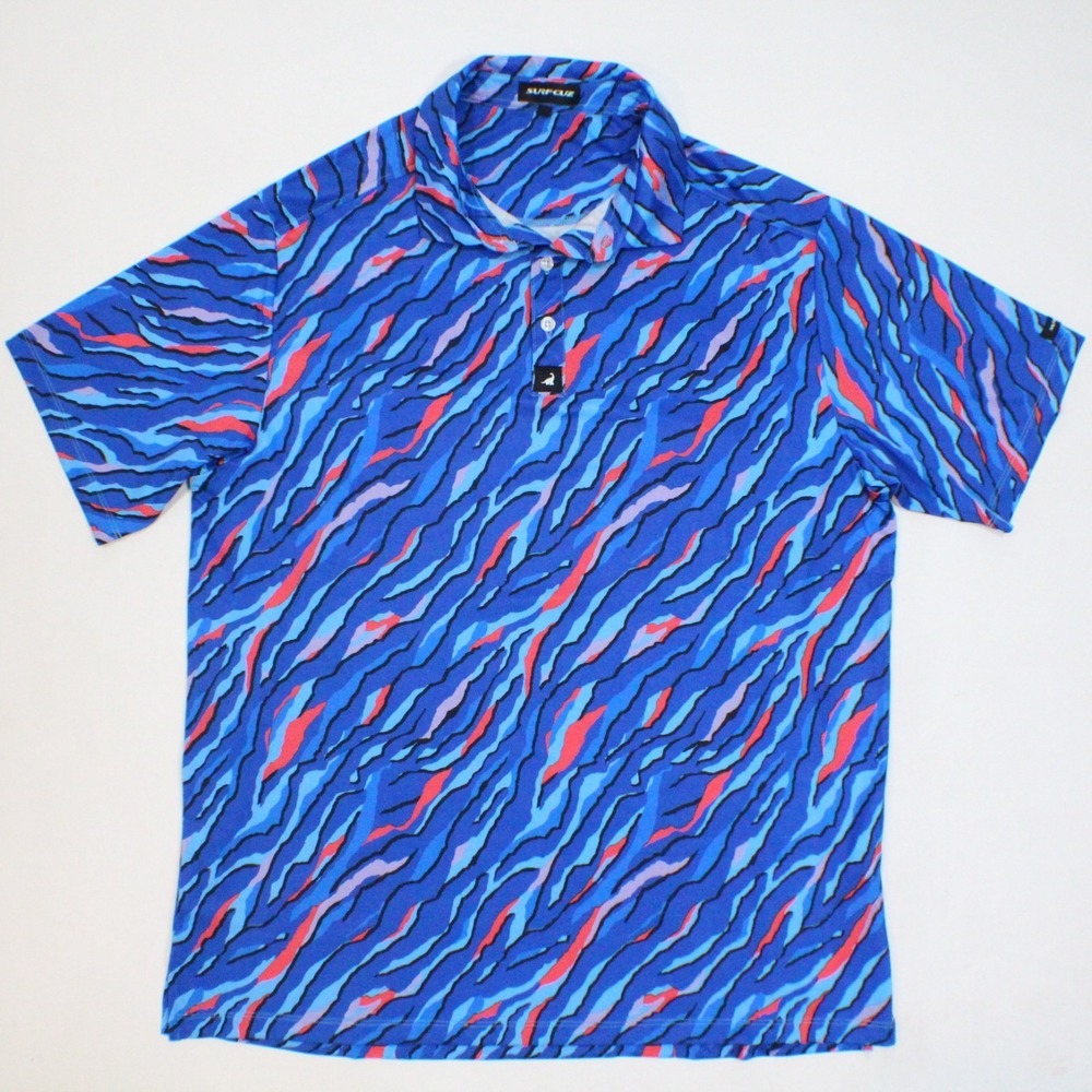 Surfcuz Polo Shirt Men's Large Blue‎ Print Short Sleeve Performance Golf Outdoor